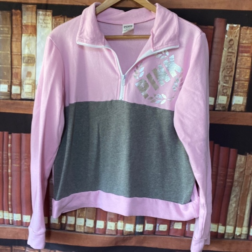 Victoria's Secret PINK Quarter Zip Pullover Pink Gray Metallic Logo M